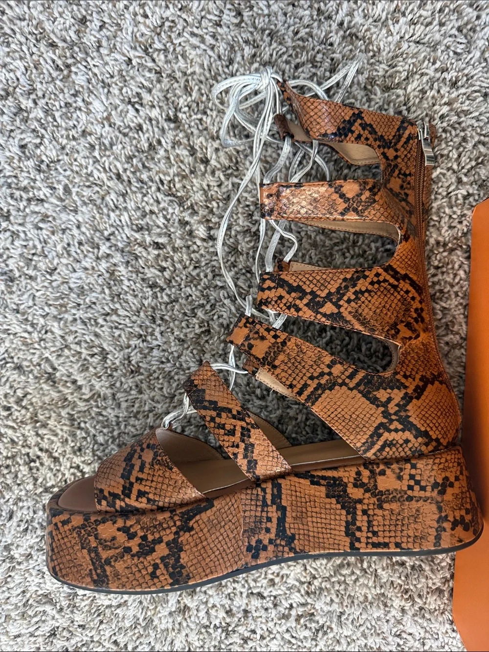 Brown Snake-Print Lace-Up Platform Gladiator Sandals